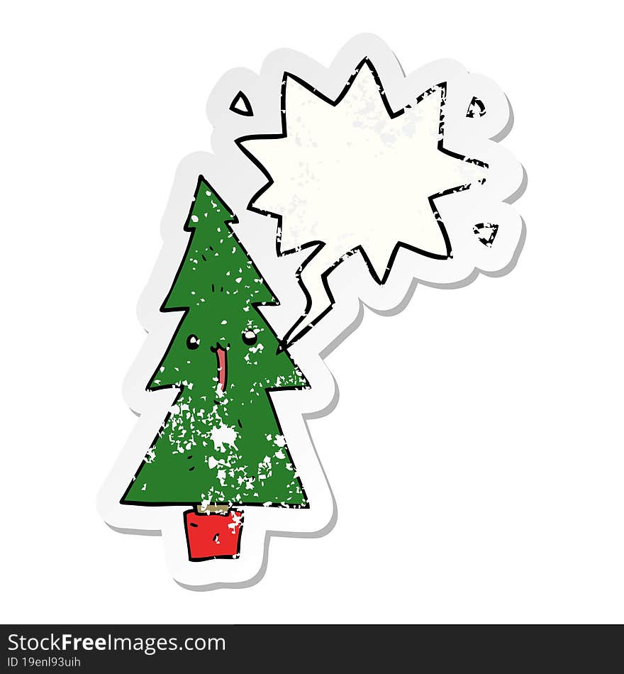 Cartoon Christmas Tree And Speech Bubble Distressed Sticker