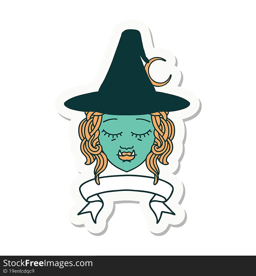 sticker of a half orc witch character face with banner. sticker of a half orc witch character face with banner