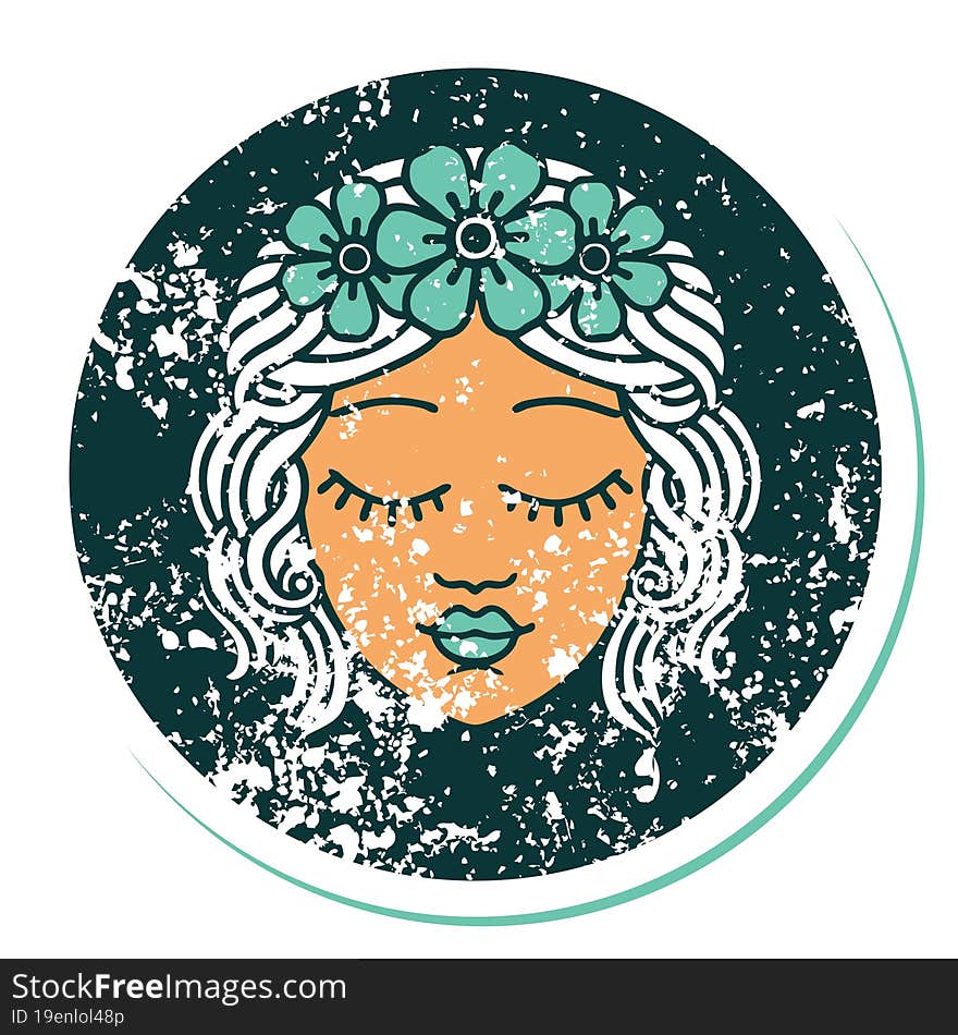 distressed sticker tattoo style icon of a maidens face