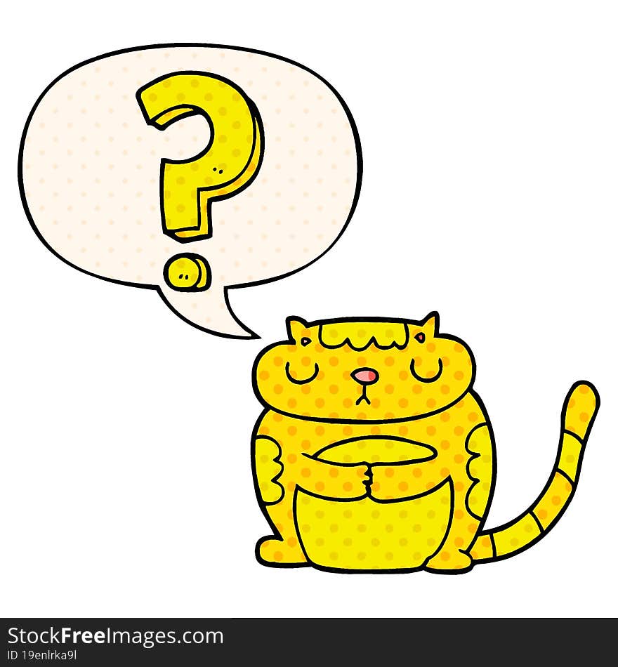 cartoon cat and question mark and speech bubble in comic book style