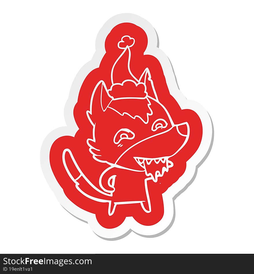 cartoon  sticker of a hungry wolf wearing santa hat