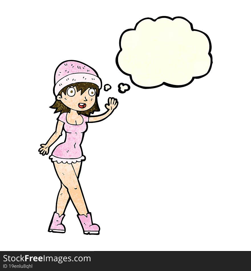 cartoon pretty girl in hat waving with thought bubble