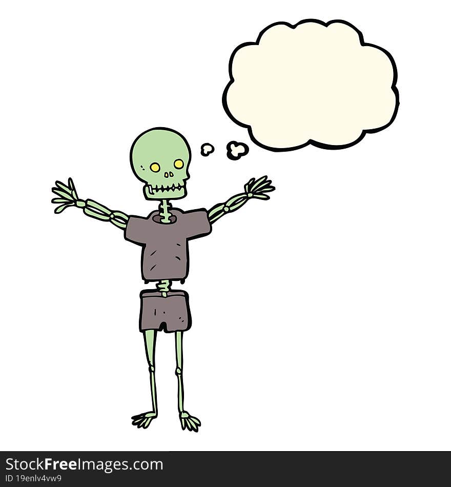 cartoon skeleton in clothes with thought bubble