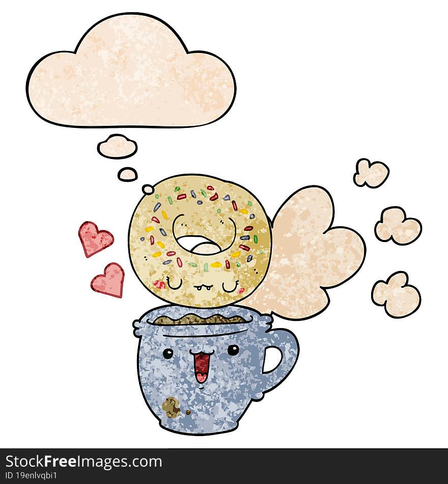 cute cartoon donut and coffee and thought bubble in grunge texture pattern style