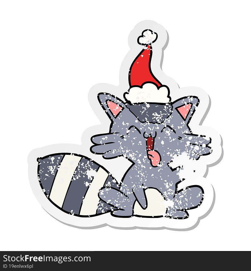 Cute Distressed Sticker Cartoon Of A Raccoon Wearing Santa Hat