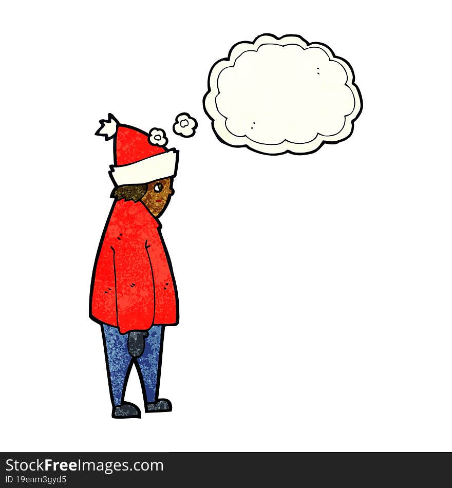 cartoon person in winter clothes with thought bubble