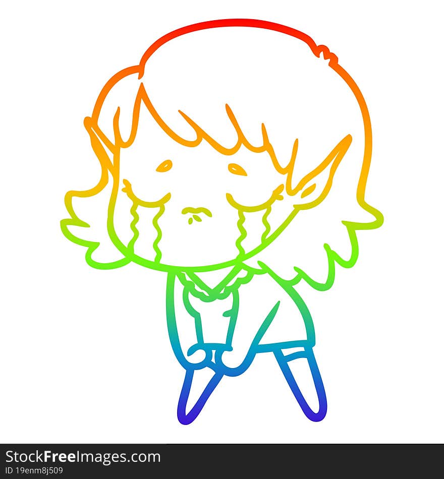 rainbow gradient line drawing cartoon crying elf girl