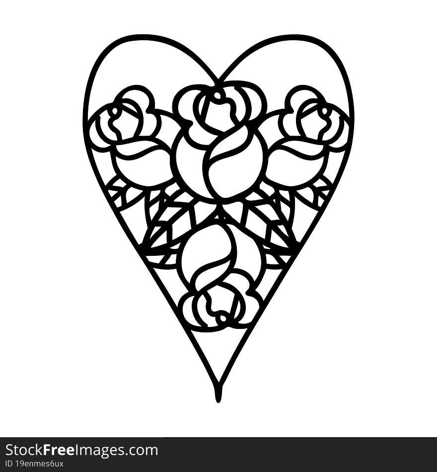 black line tattoo of a heart and flowers