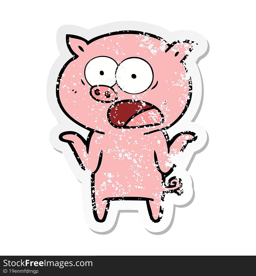 distressed sticker of a cartoon pig shouting