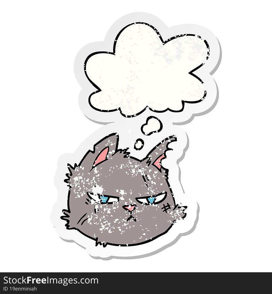 cartoon tough cat face and thought bubble as a distressed worn sticker