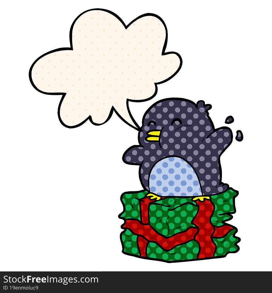 cartoon penguin on wrapped present and speech bubble in comic book style