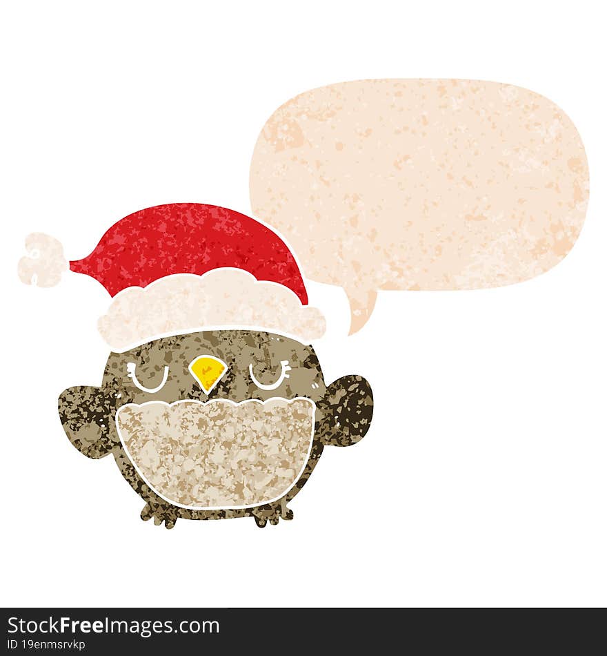 cute christmas owl and speech bubble in retro textured style