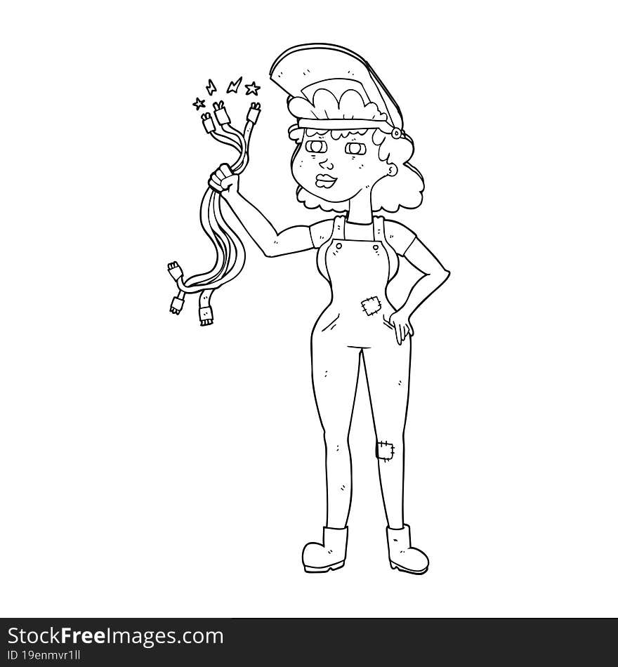 freehand drawn black and white cartoon electrician woman