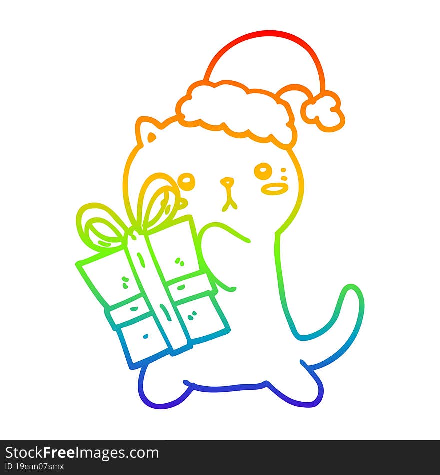 rainbow gradient line drawing of a cute cartoon cat carrying christmas present