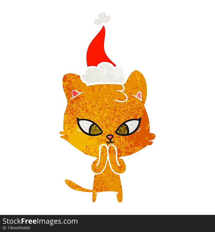 cute hand drawn retro cartoon of a cat wearing santa hat. cute hand drawn retro cartoon of a cat wearing santa hat