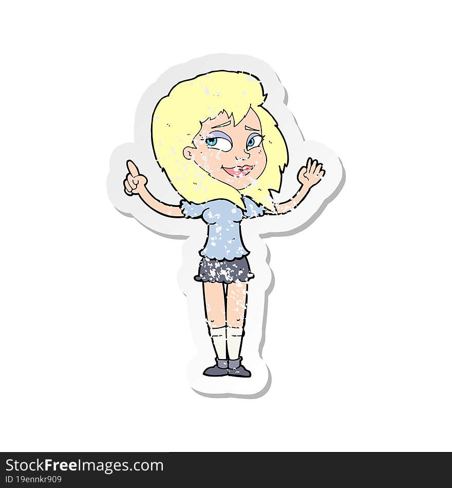 retro distressed sticker of a cartoon woman with idea