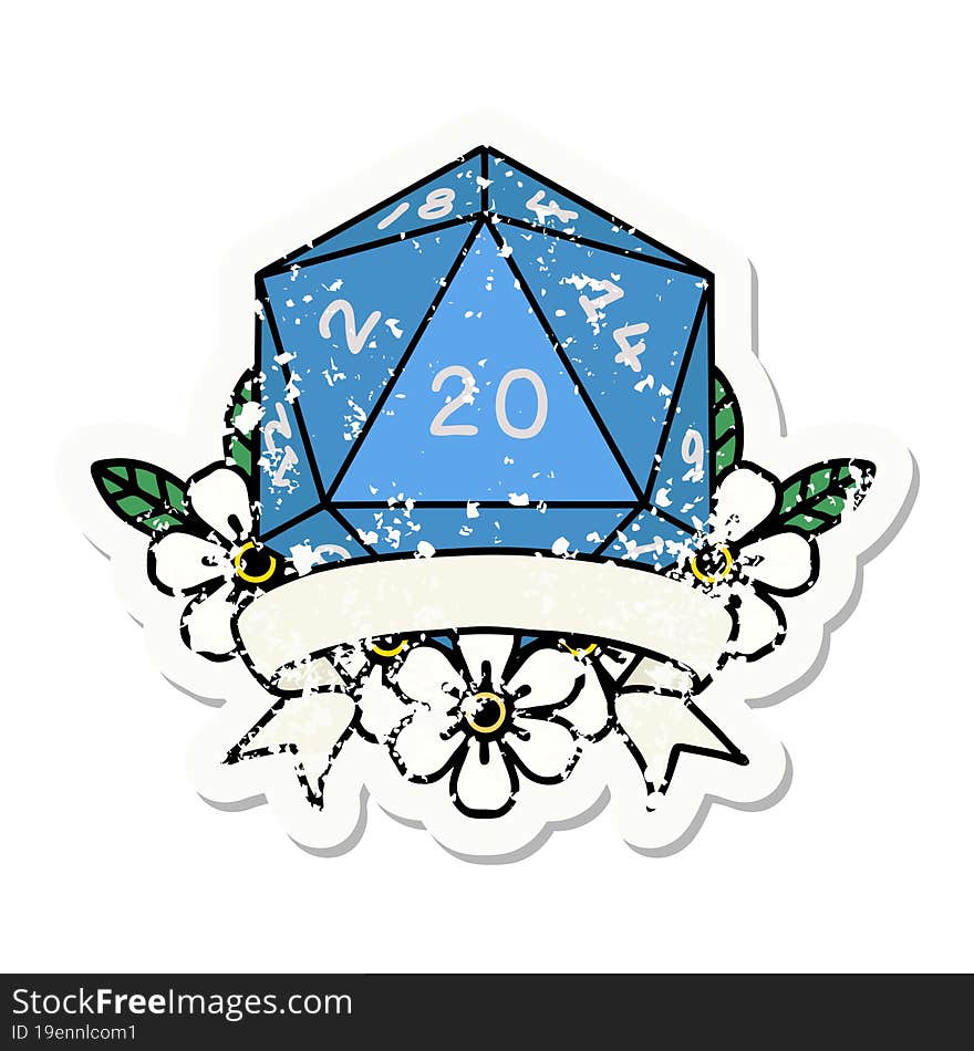 grunge sticker of a natural 20 critical hit D20 dice roll. grunge sticker of a natural 20 critical hit D20 dice roll