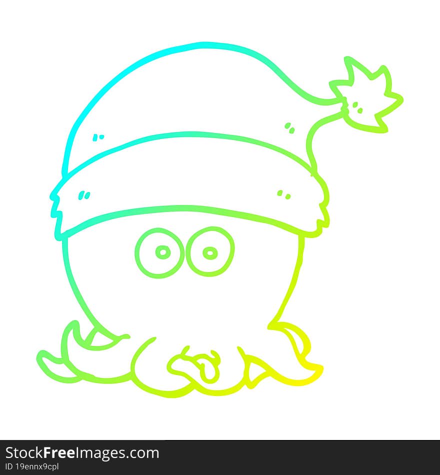 cold gradient line drawing cartoon octopus wearing christmas hat