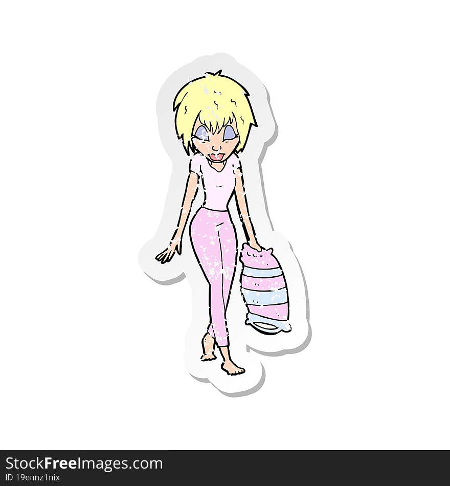 retro distressed sticker of a cartoon woman going to bed