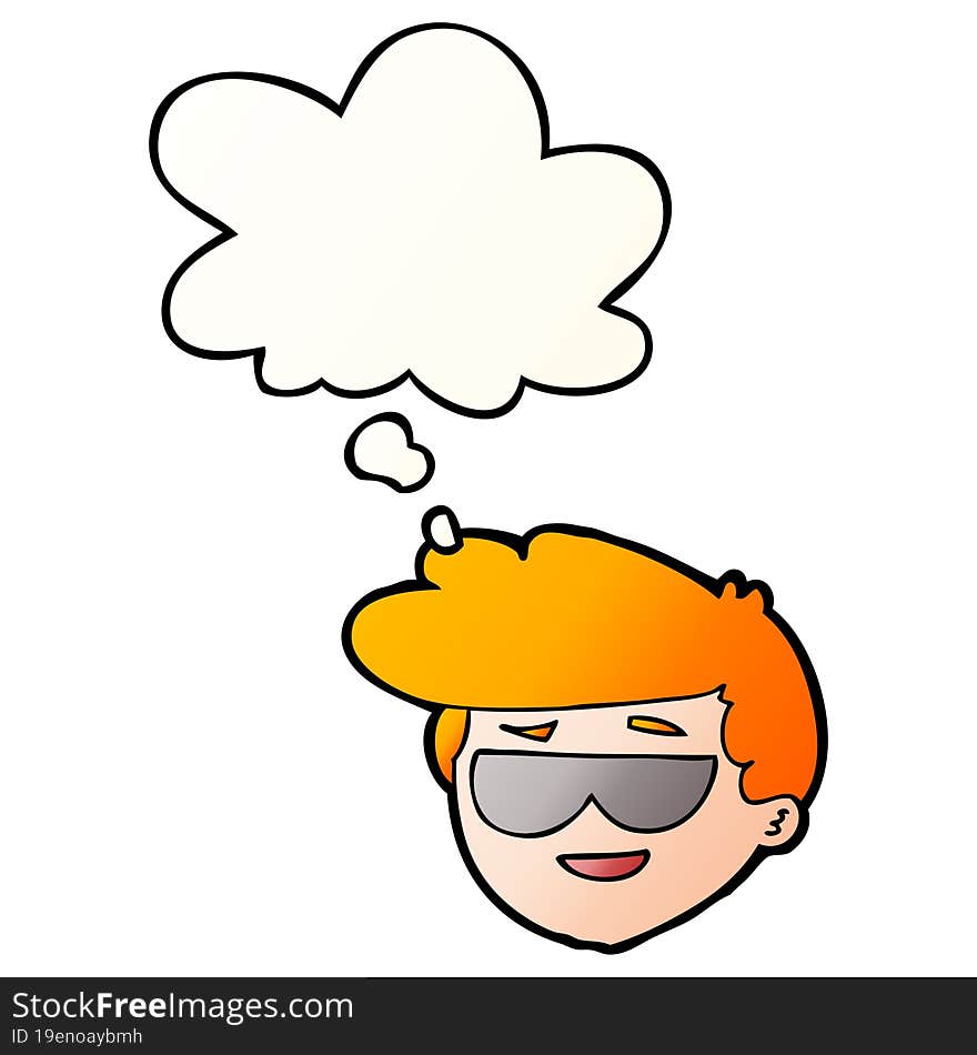 cartoon boy wearing sunglasses and thought bubble in smooth gradient style