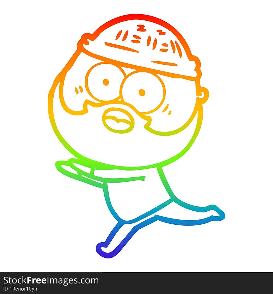 rainbow gradient line drawing of a cartoon bearded man running away