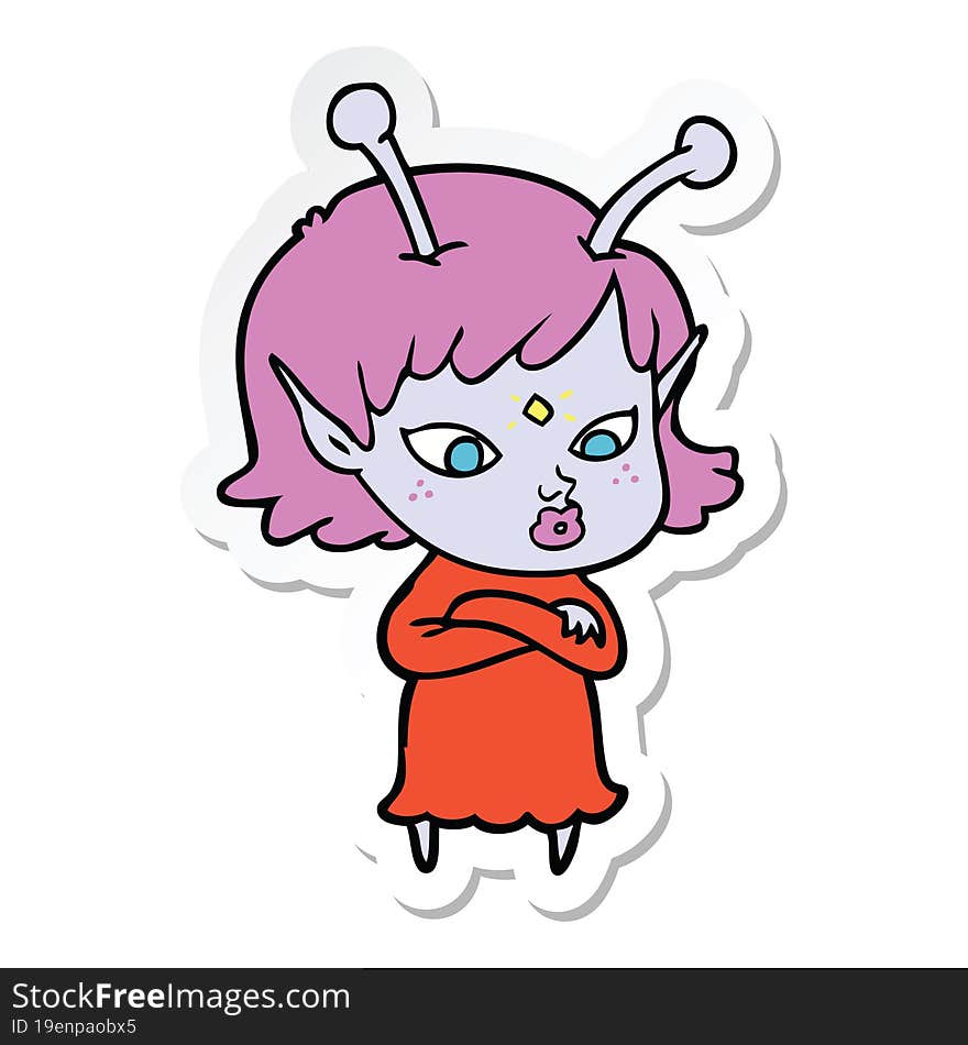 Sticker Of A Pretty Cartoon Alien Girl