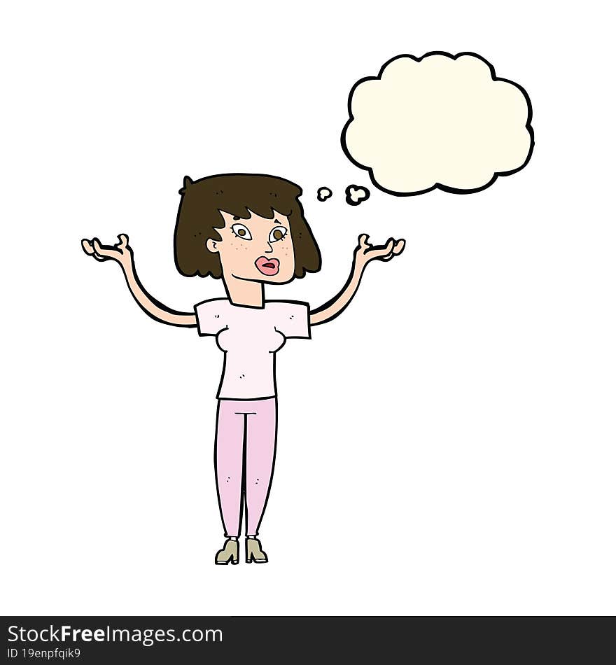 Cartoon Woman Holding Up Hands With Thought Bubble