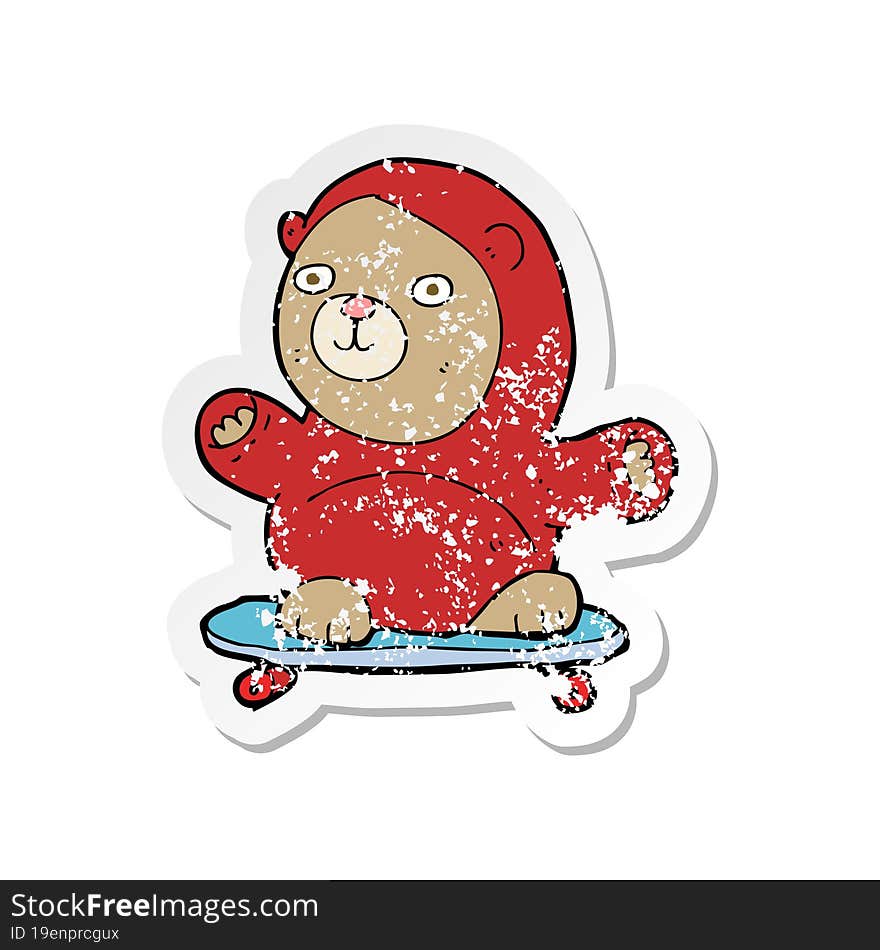 retro distressed sticker of a cartoon bear on skateboard