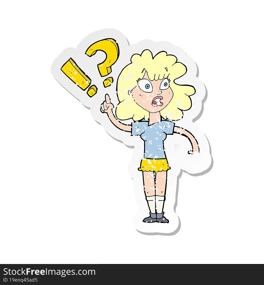 Retro Distressed Sticker Of A Cartoon Woman With Question