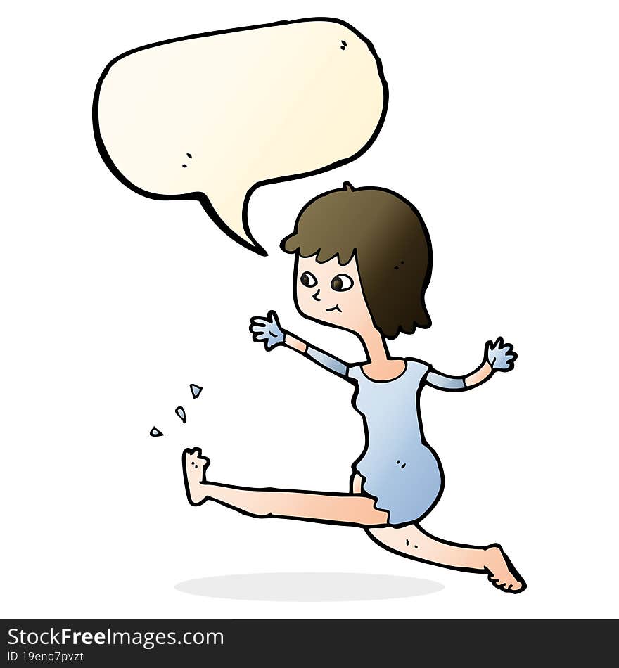 cartoon happy woman kicking with speech bubble