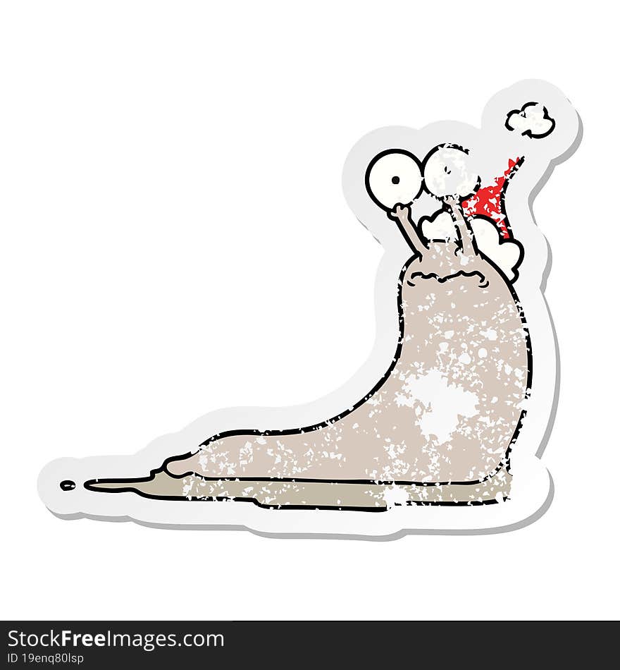 distressed sticker cartoon of a slug wearing santa hat