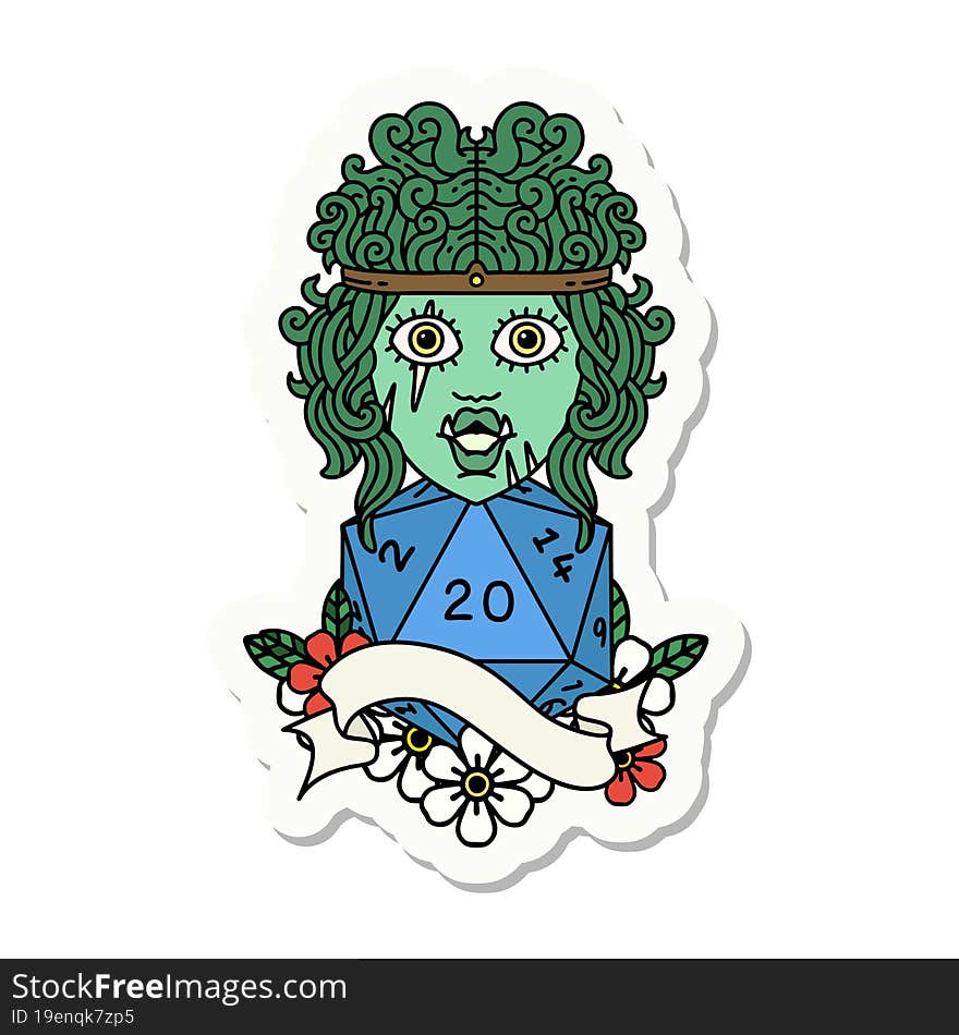 half orc barbarian character with natural twenty dice roll sticker