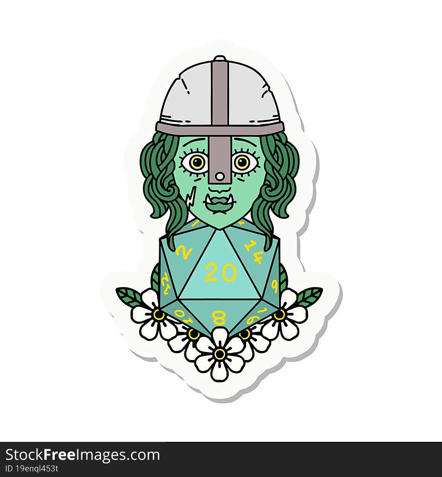 half orc fighter character with natural twenty dice roll sticker