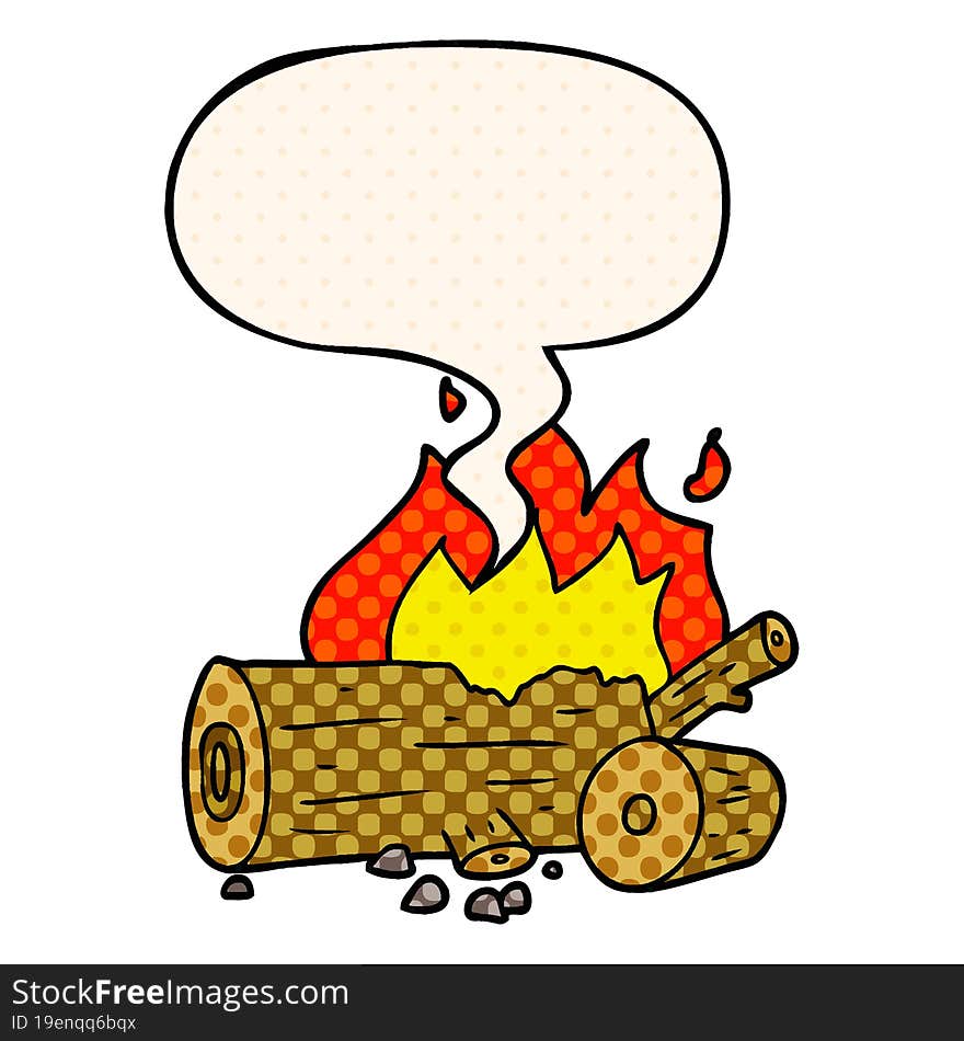 cartoon camp fire with speech bubble in comic book style