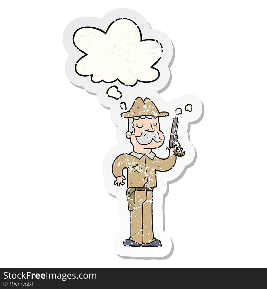 cartoon sheriff and thought bubble as a distressed worn sticker