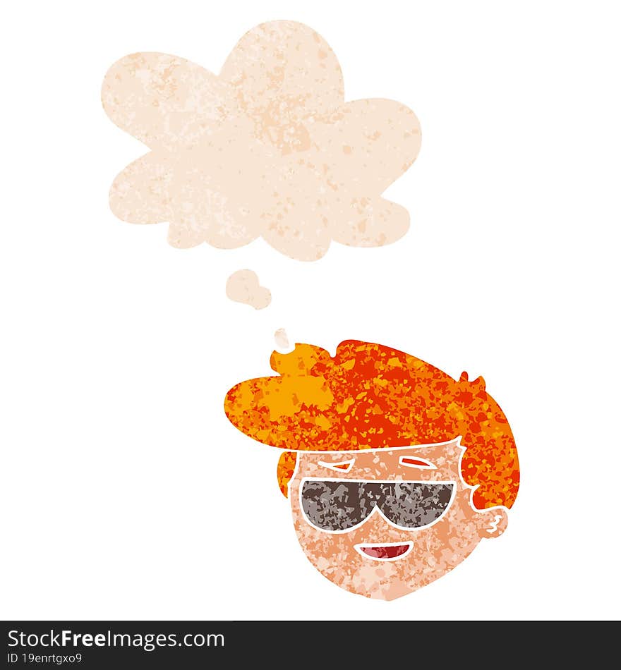 Cartoon Boy Wearing Sunglasses And Thought Bubble In Retro Textured Style