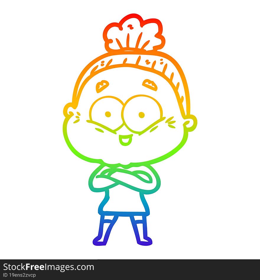 rainbow gradient line drawing of a cartoon happy old woman