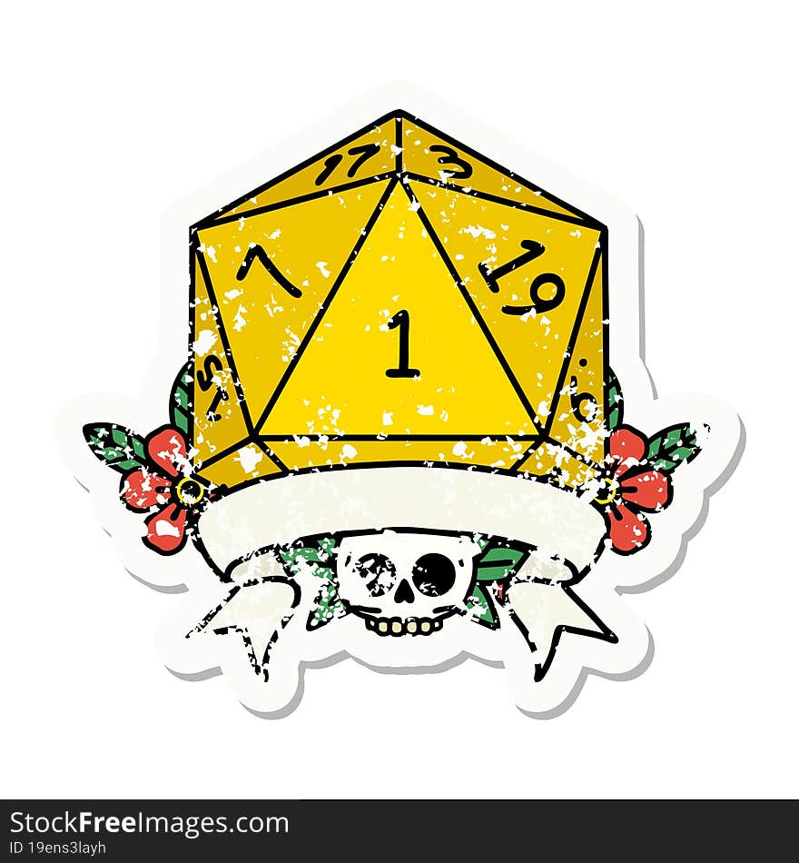 Retro Tattoo Style natural one d20 dice roll. Retro Tattoo Style natural one d20 dice roll