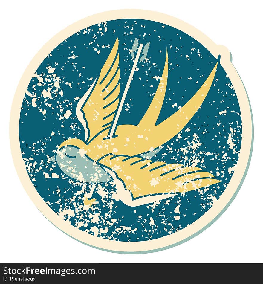 Distressed Sticker Tattoo Style Icon Of A Swallow Shot Through With Arrow