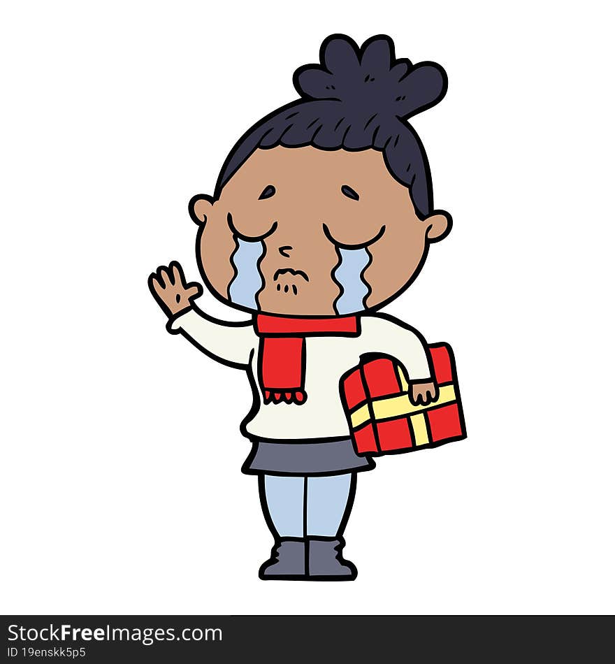 cartoon crying woman with christmas gift. cartoon crying woman with christmas gift