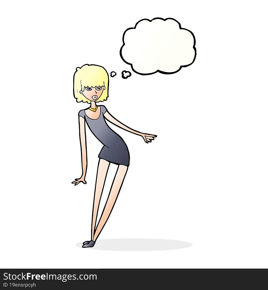 Cartoon Woman In Dress Leaning With Thought Bubble