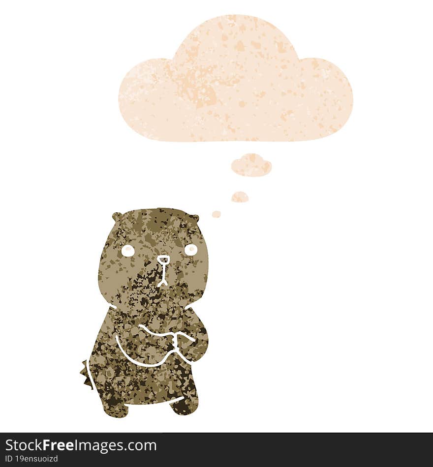 cartoon worried bear and thought bubble in retro textured style