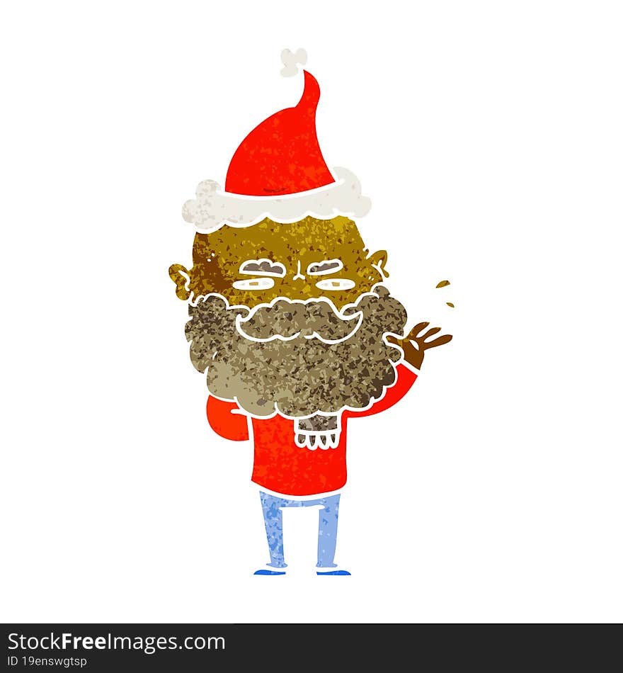 hand drawn retro cartoon of a dismissive man with beard frowning wearing santa hat