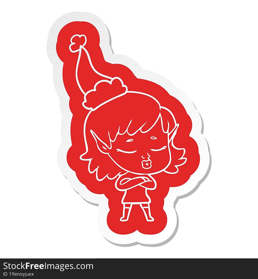 pretty cartoon  sticker of a elf girl wearing santa hat