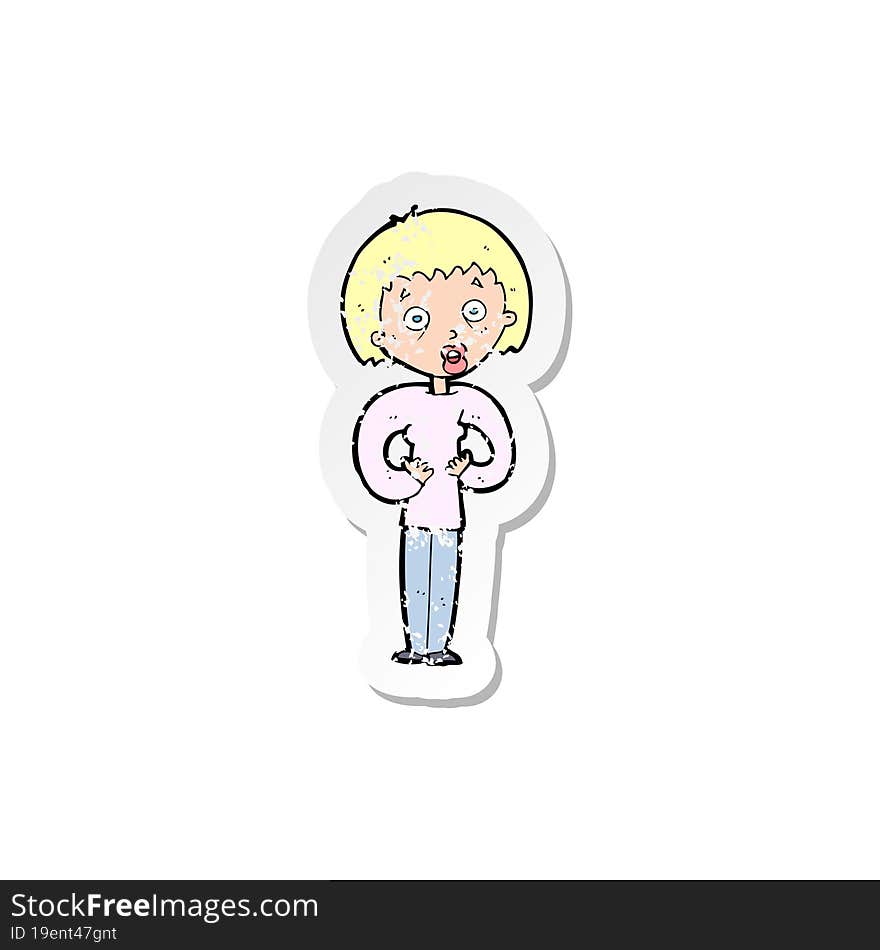 retro distressed sticker of a cartoon woman gesturing at self