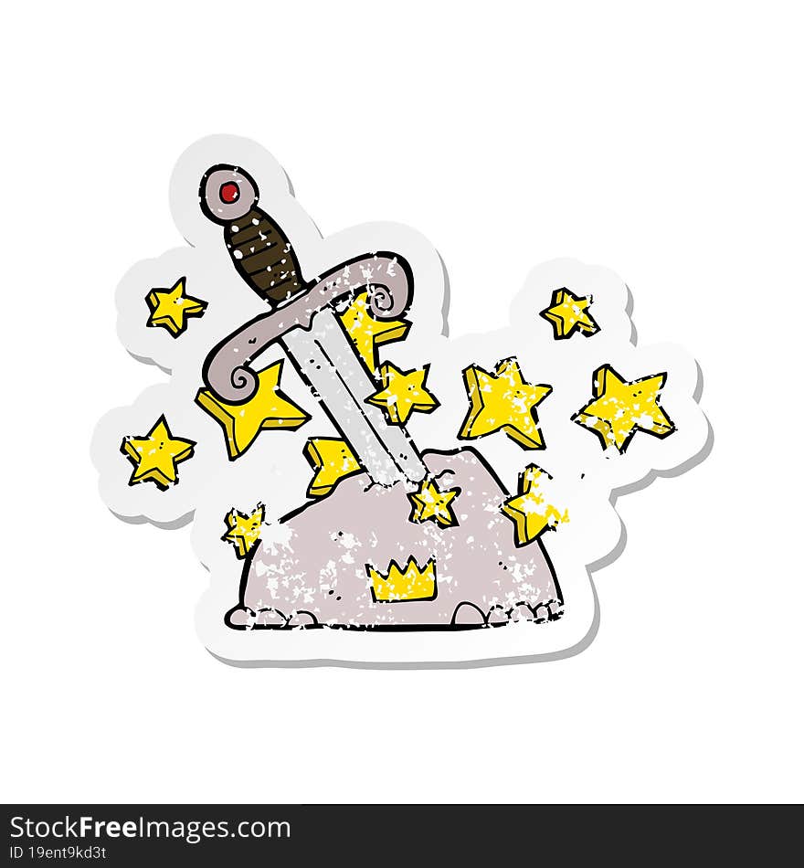 retro distressed sticker of a cartoon magical sword in stone