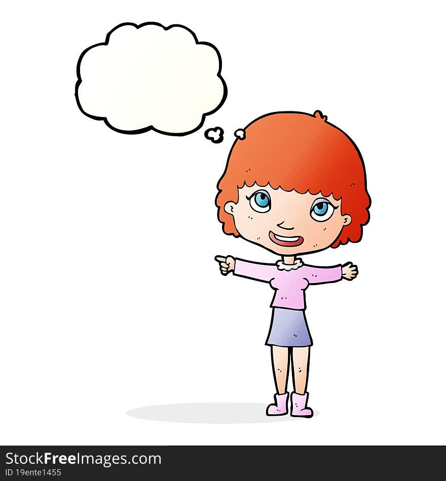 Cartoon Happy Woman Pointing With Thought Bubble