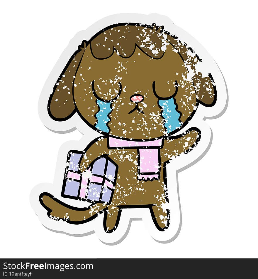 distressed sticker of a cute cartoon dog crying