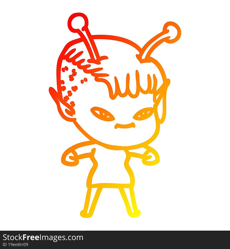 warm gradient line drawing of a cute cartoon alien girl