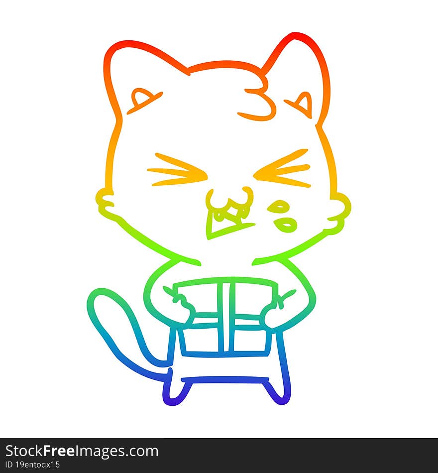 rainbow gradient line drawing cartoon cat hissing